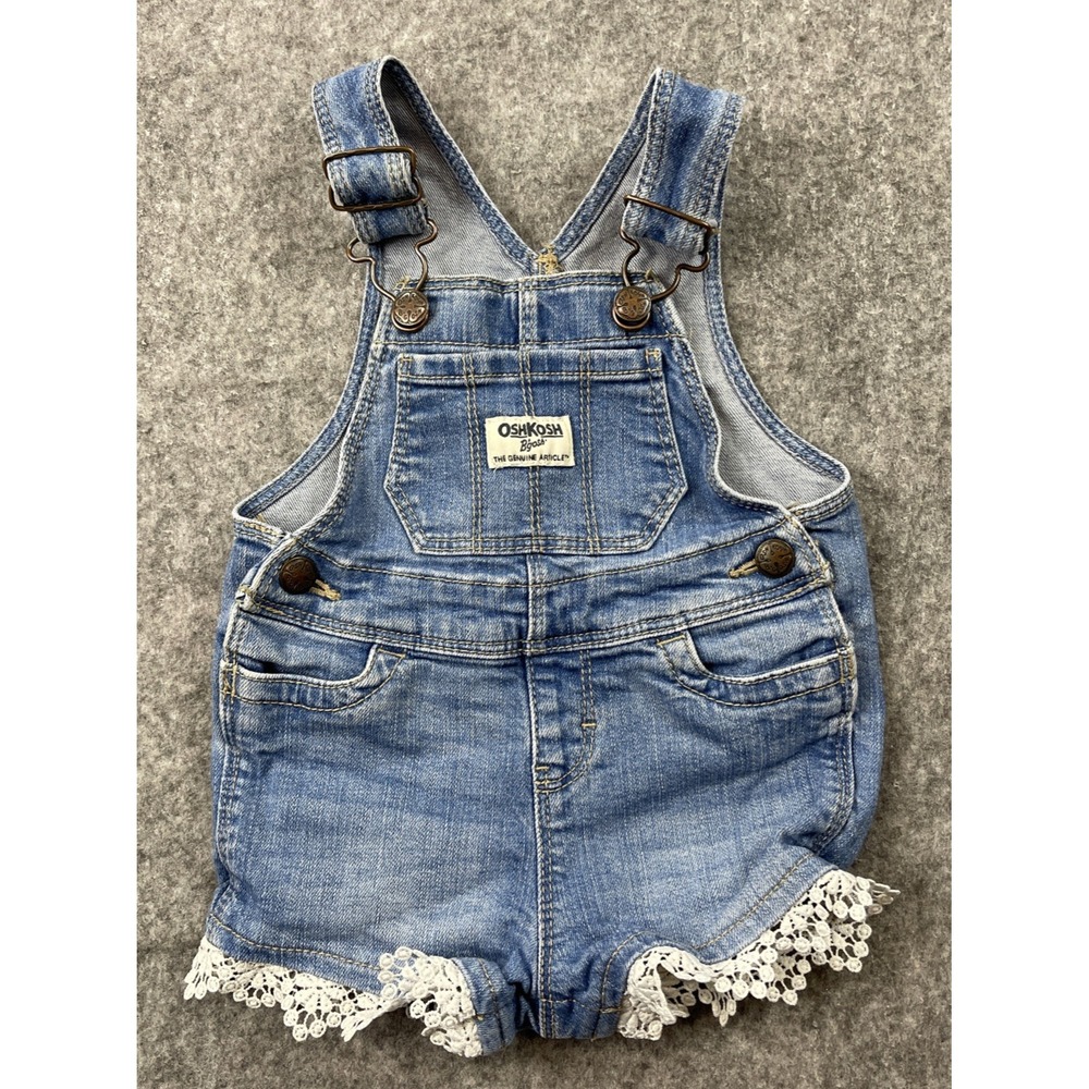 VTG Oshkosh BGosh Denim‎ Vestbak Overalls Short Size 9 Mo. Lace Hem Y2K